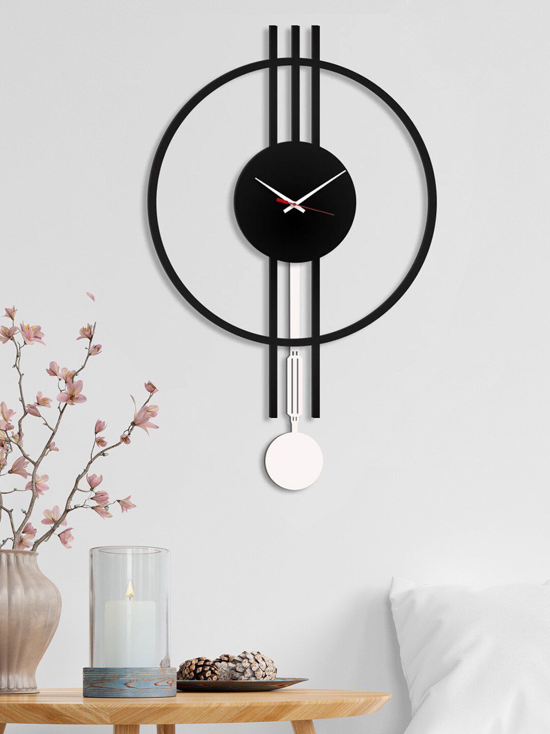 WALLMANTRA Black & White Contemporary Pendulum Wall Clock Price in India