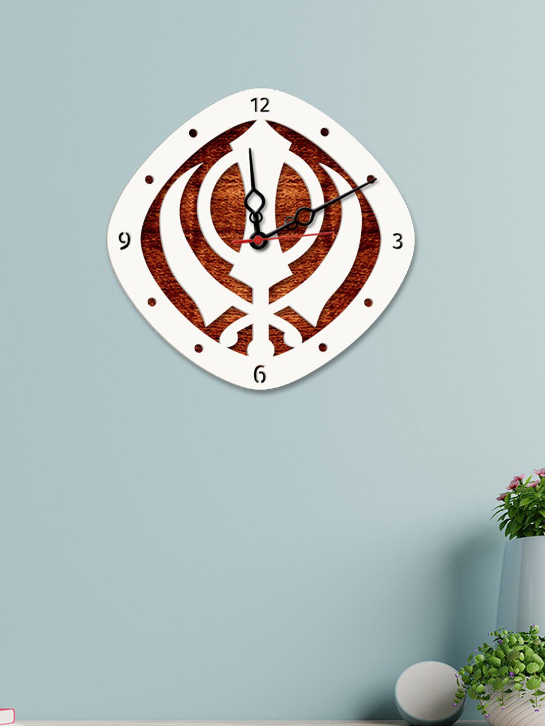 WALLMANTRA White & Brown Textured Geometric Contemporary Wall Clock Price in India