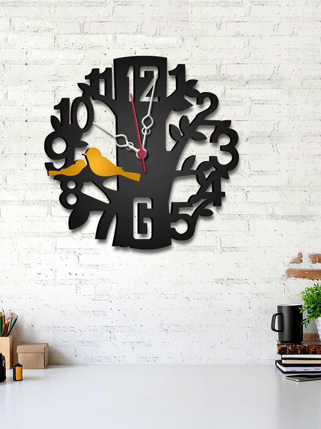 WALLMANTRA Black & Yellow Abstract Shaped Tree Nest Contemporary Wall Clock Price in India