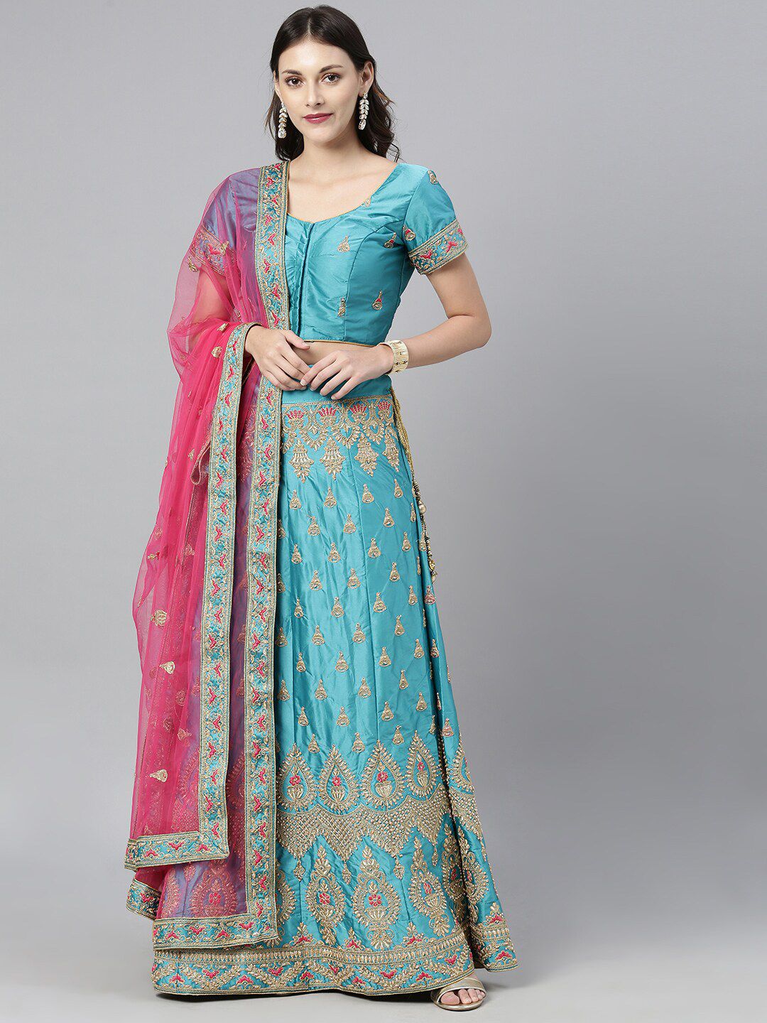 The Chennai Silks Green & Pink Embroidered Ready To Wear Lehenga Choli with Dupatta