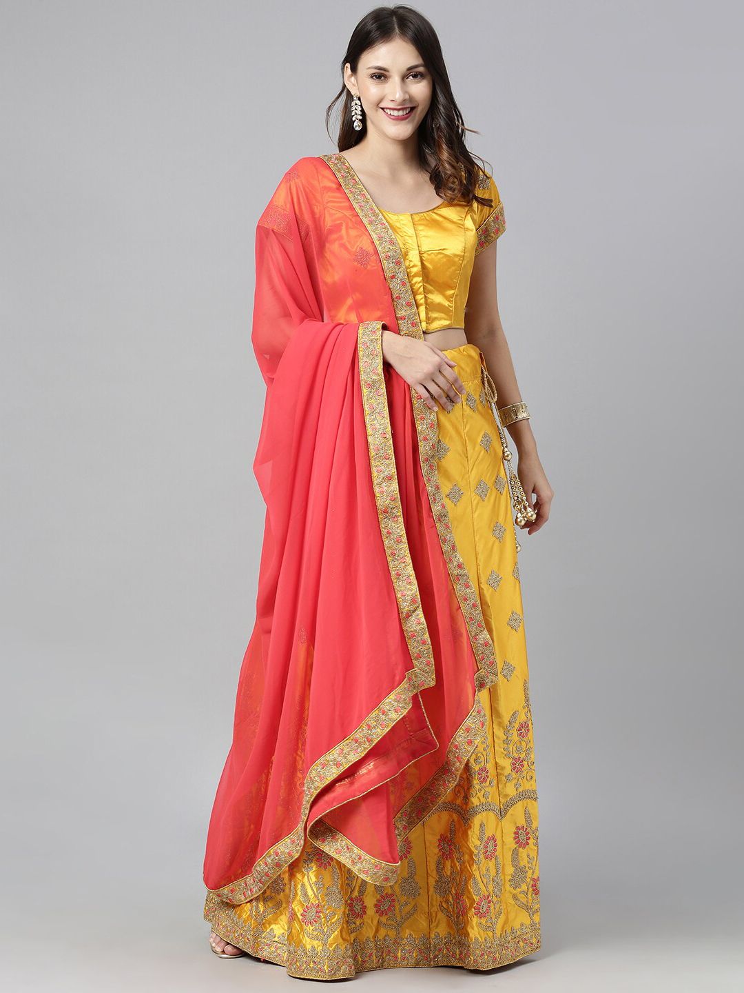 The Chennai Silks Yellow & Orange Embroidered Ready To Wear Lehenga Choli with Dupatta