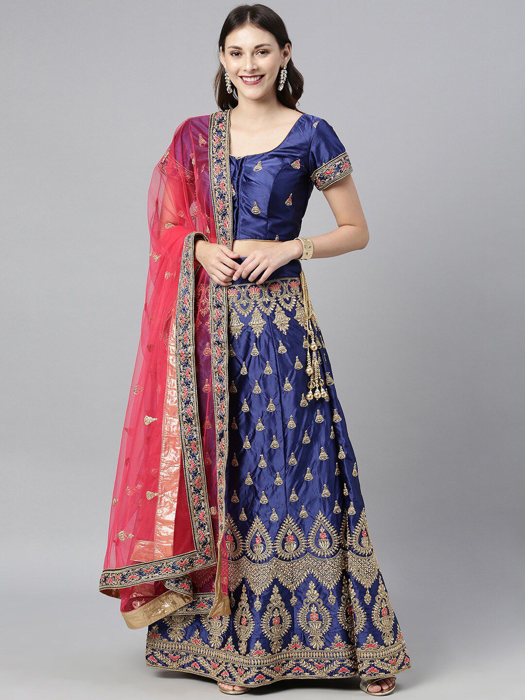 The Chennai Silks Navy Blue & Red Embroidered Ready To Wear Lehenga Choli with Dupatta Price in India