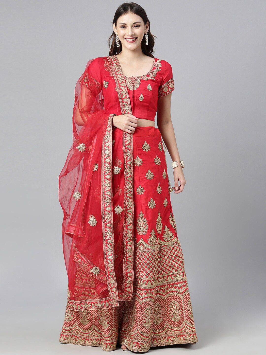 The Chennai Silks Women Red Embroidered Ready To Wear Lehenga Choli with Dupatta Price in India