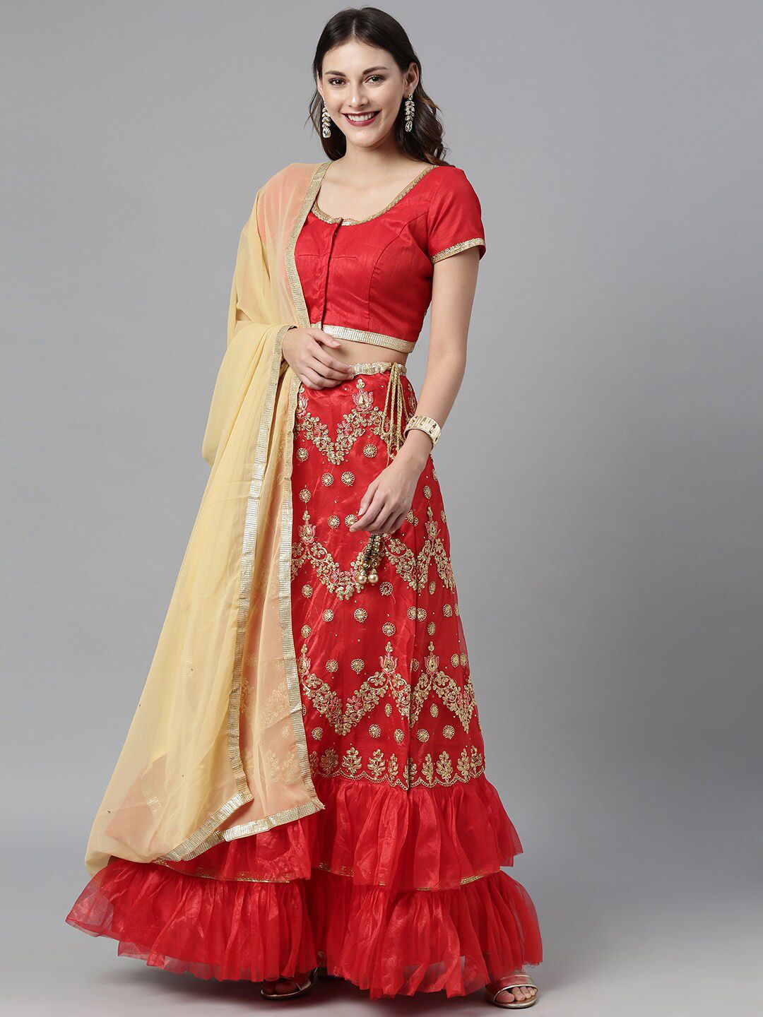 The Chennai Silks Women Red & Beige Embroidered Ready To Wear Lehenga Choli with Dupatta Price in India