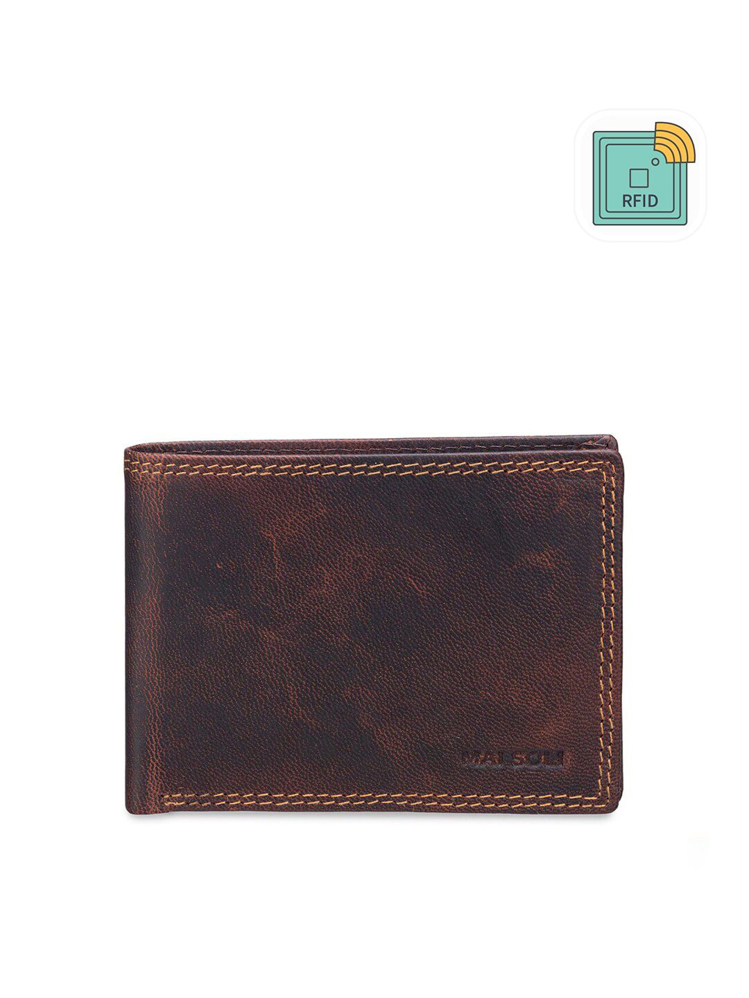 MAI SOLI Men Brown Genuine Leather RFID Protected Dark Vintage Two Fold Wallet