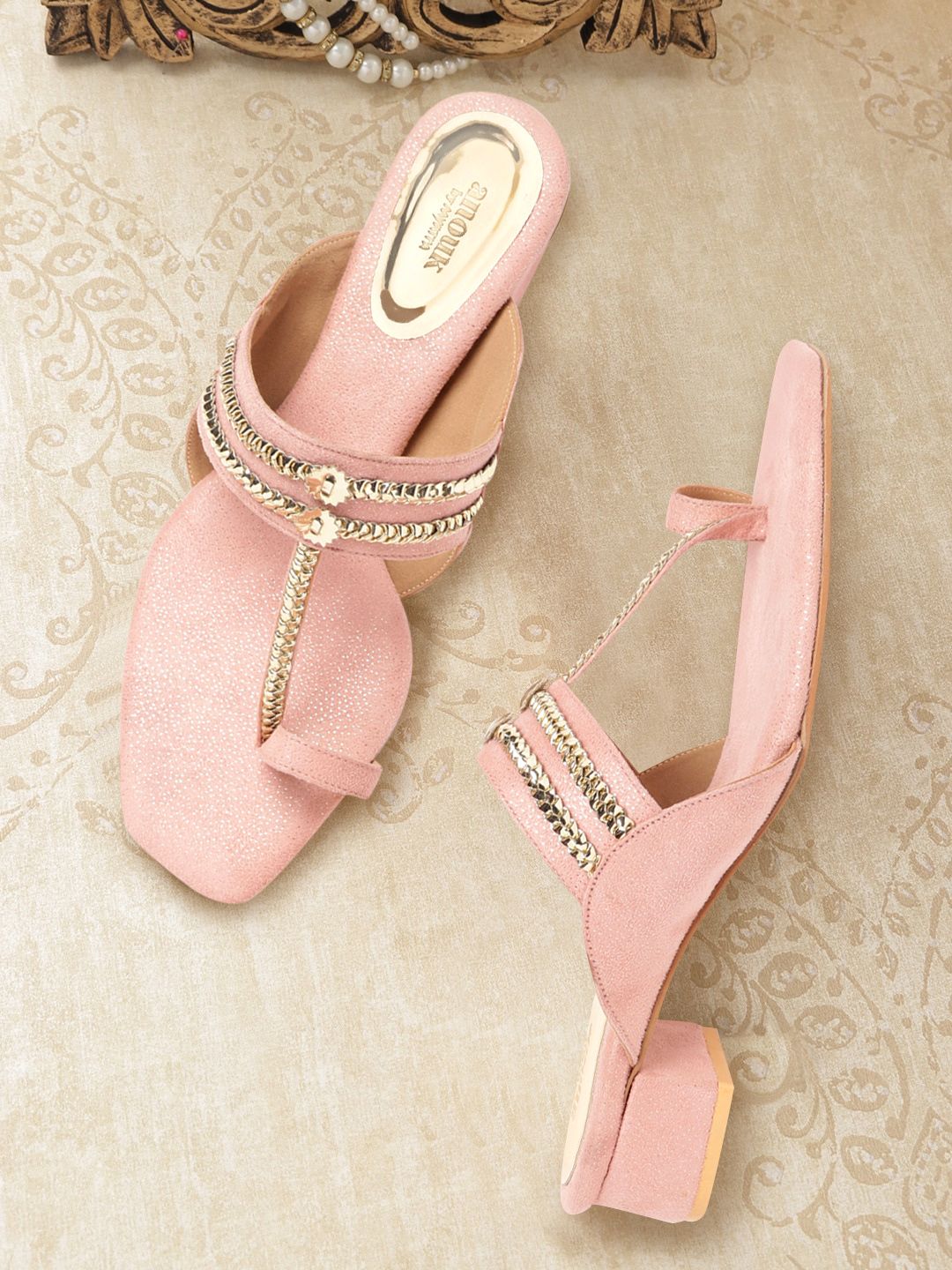 Anouk Women Pink & Gold-Toned Woven Design Sandals Price in India