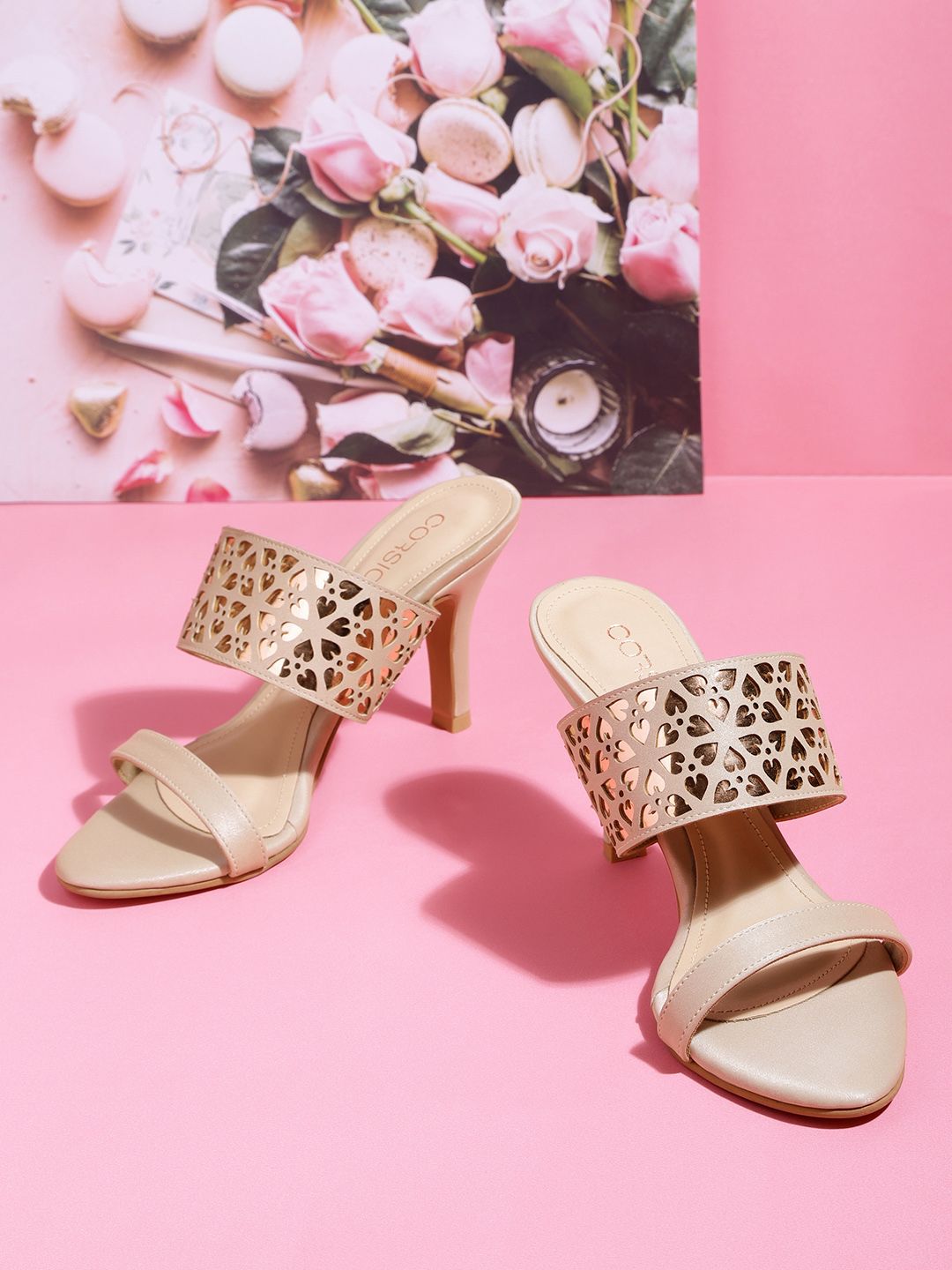 CORSICA Women Cream-Coloured & Rose Gold-Toned Laser Cuts Handcrafted Heels Price in India