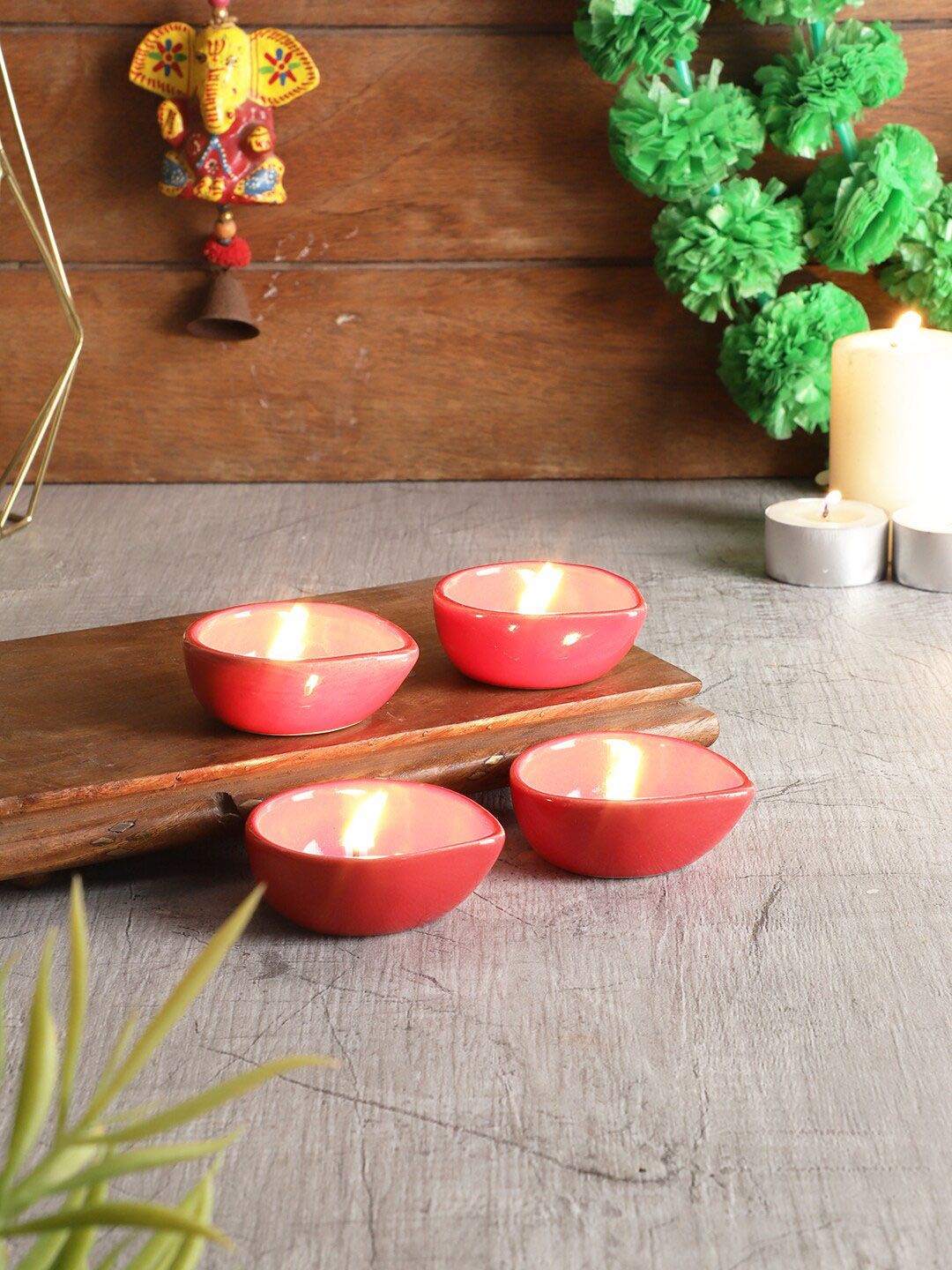 MIAH Decor Set of 4 Red Traditional Ceramic Diyas Price in India