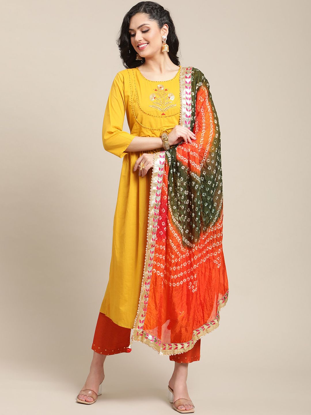 Varanga Women Mustard Yellow Embroidered Pure Cotton Anarkali Kurta With Bandhani Dupatta Price in India