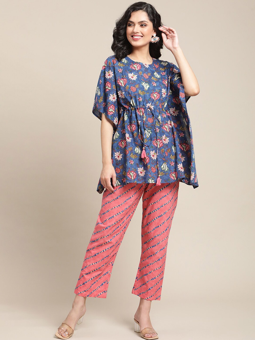 Varanga Women Blue & Pink Floral Printed Kaftan & Trousers Price in India