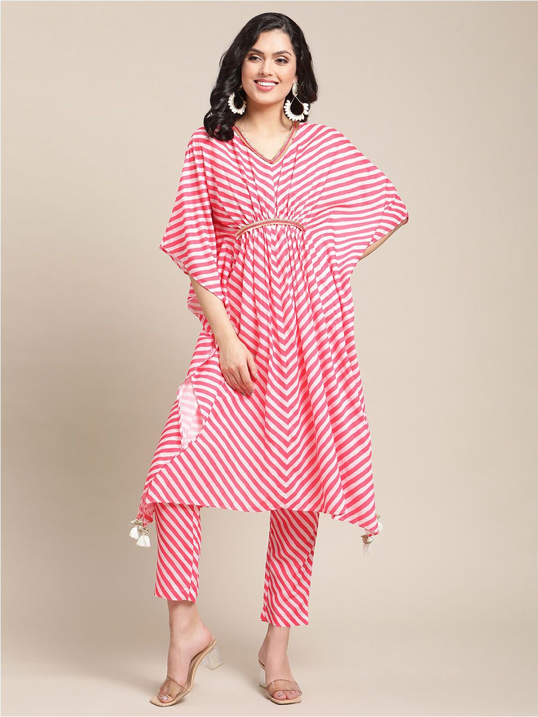 Varanga Women Pink & White Leheriya Printed Kaftan Kurta with Trouser Price in India