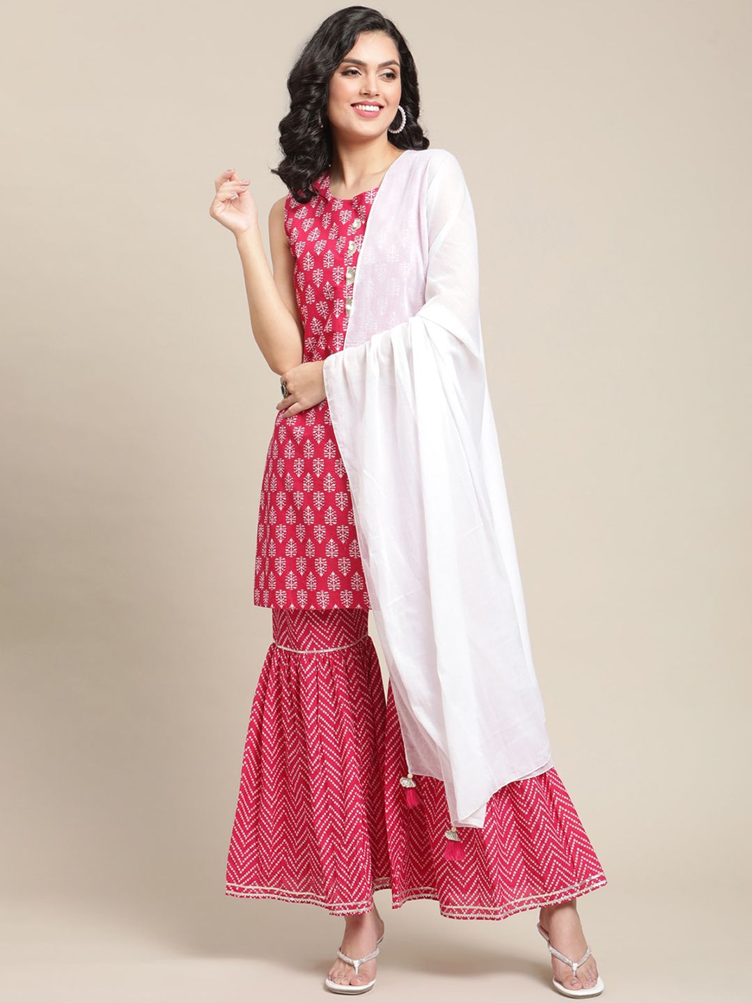 Varanga Women Pink Ethnic Motifs Yoke Design Regular Gotta Patti Pure Cotton Kurta with Sharara & With Price in India