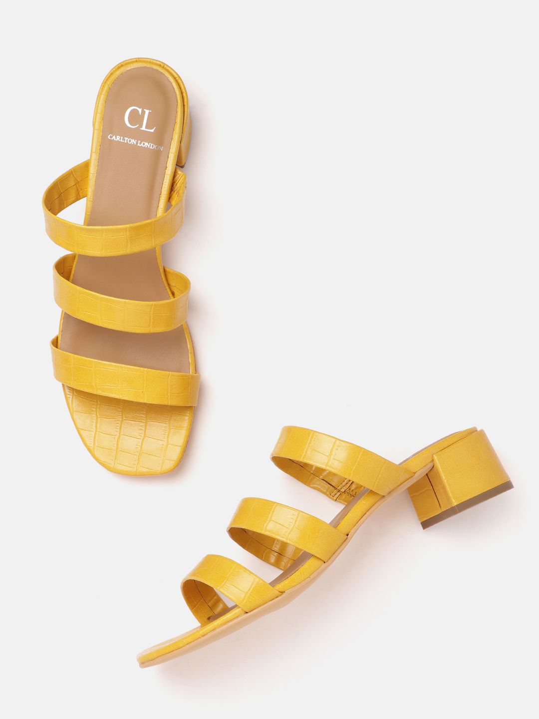 Carlton London Mustard Yellow Croc Textured Block Heels Price in India