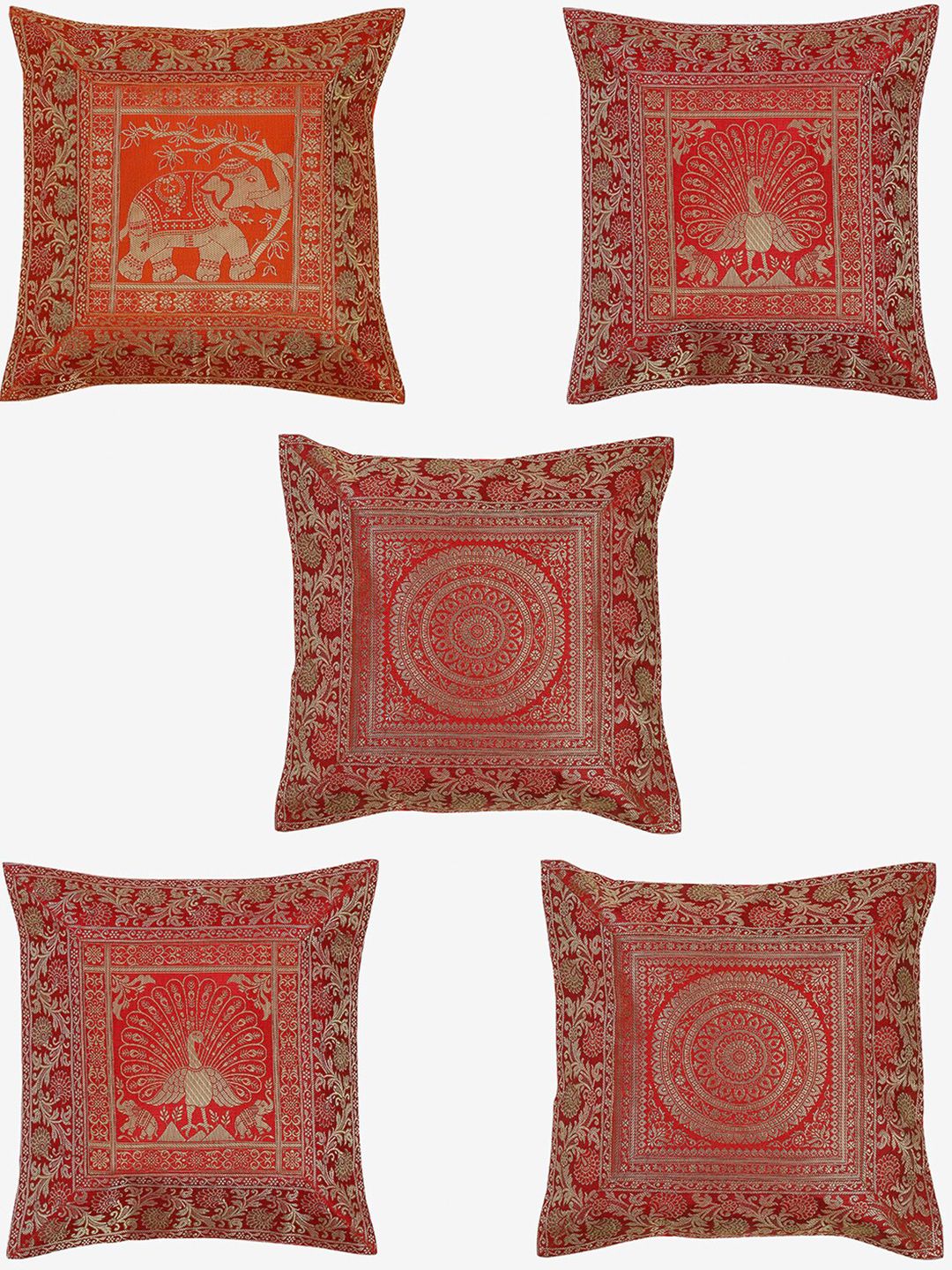 TAG 7 Red & Gold-Toned Set of 5 Ethnic Motifs Square Cushion Covers Price in India