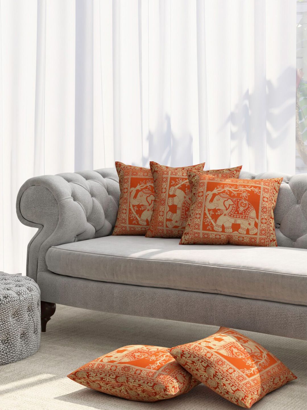 TAG 7 Orange & Gold-Toned Set of 5 Ethnic Motifs Square Cushion Covers Price in India