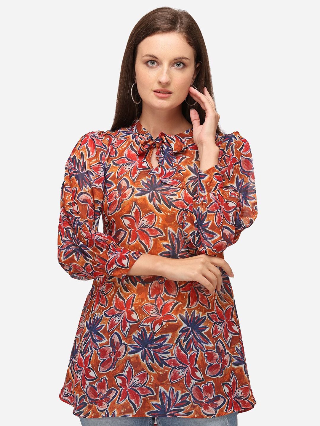 RAISIN Women Rust Floral Printed Georgette A-Line Tunic Price in India