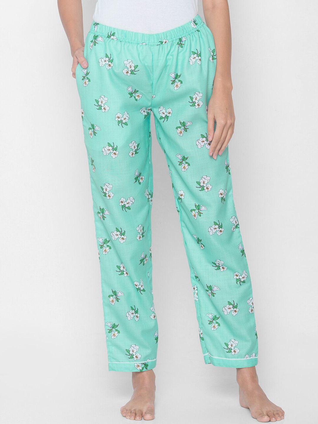 FashionRack Women Sea Green & White Printed Lounge Pants Price in India