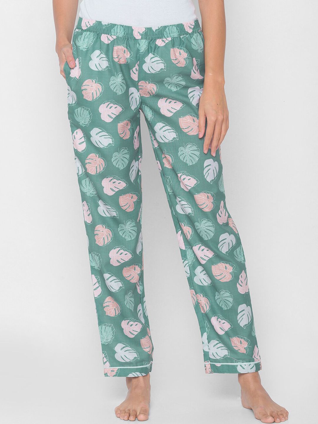 FashionRack Women Sea Green & Peach-Coloured Printed Cotton Lounge Pants Price in India