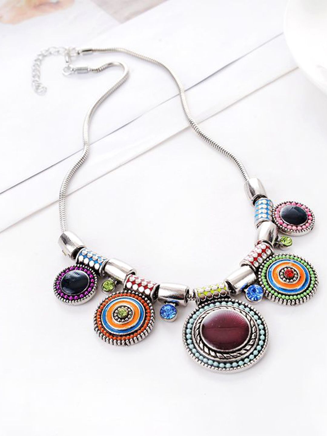 Yellow Chimes Blue & Purple Silver-Plated Circle Shaped Coin Choker Necklace Price in India