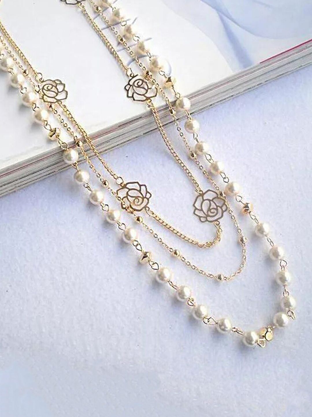 Yellow Chimes Gold-Toned & White Pearls Layered Necklace Price in India