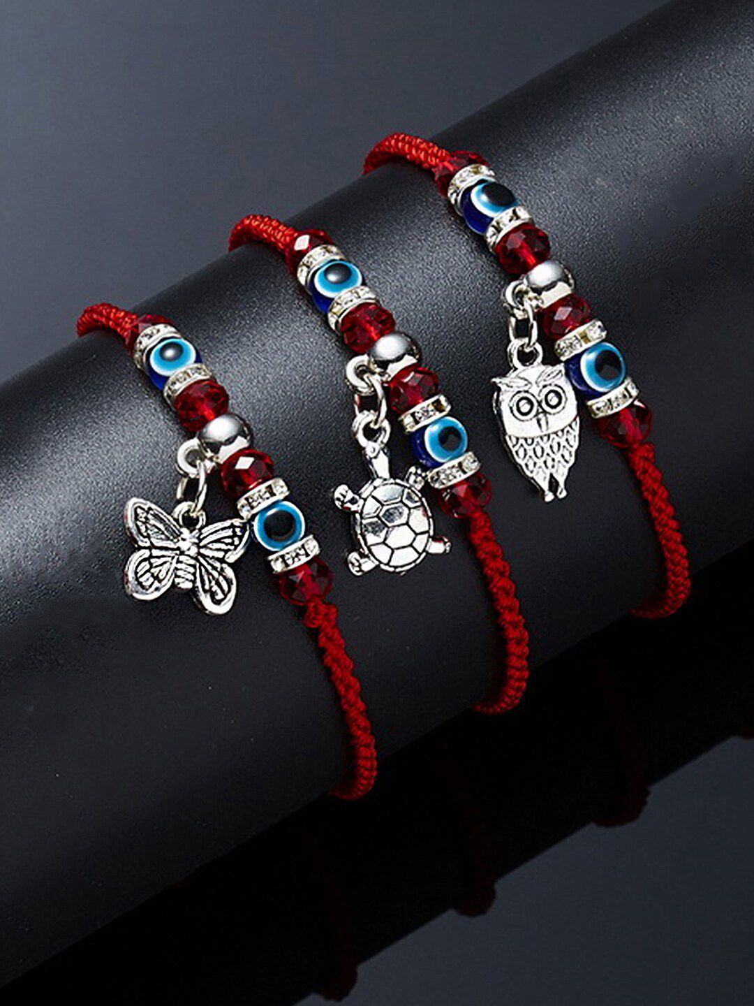 Yellow Chimes Women Set Of 3 Red & Blue Oxidised Silver-Plated Charm Bracelet Price in India