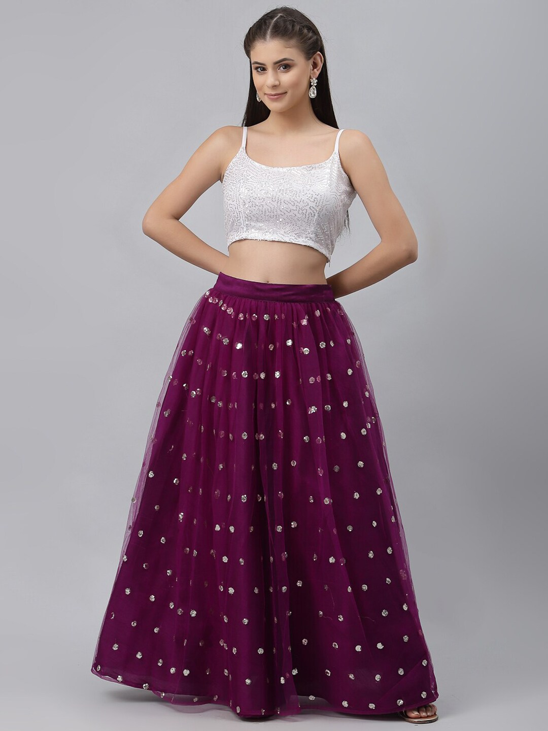 studio rasa Purple & White Embroidered Sequinned Ready to Wear Lehenga Set Price in India