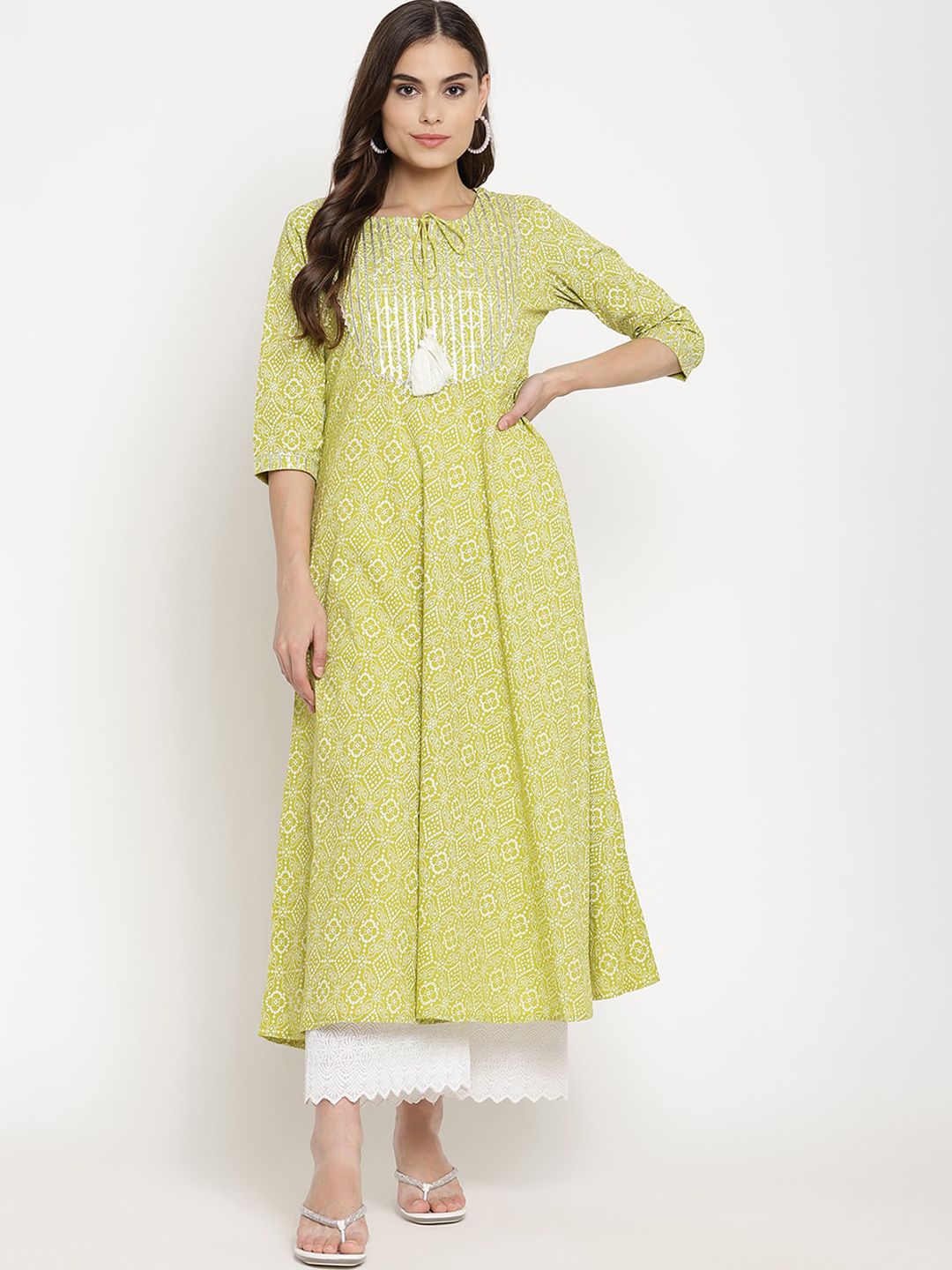 Sringam Green Floral Tie-Up Neck Ethnic Maxi Dress Price in India