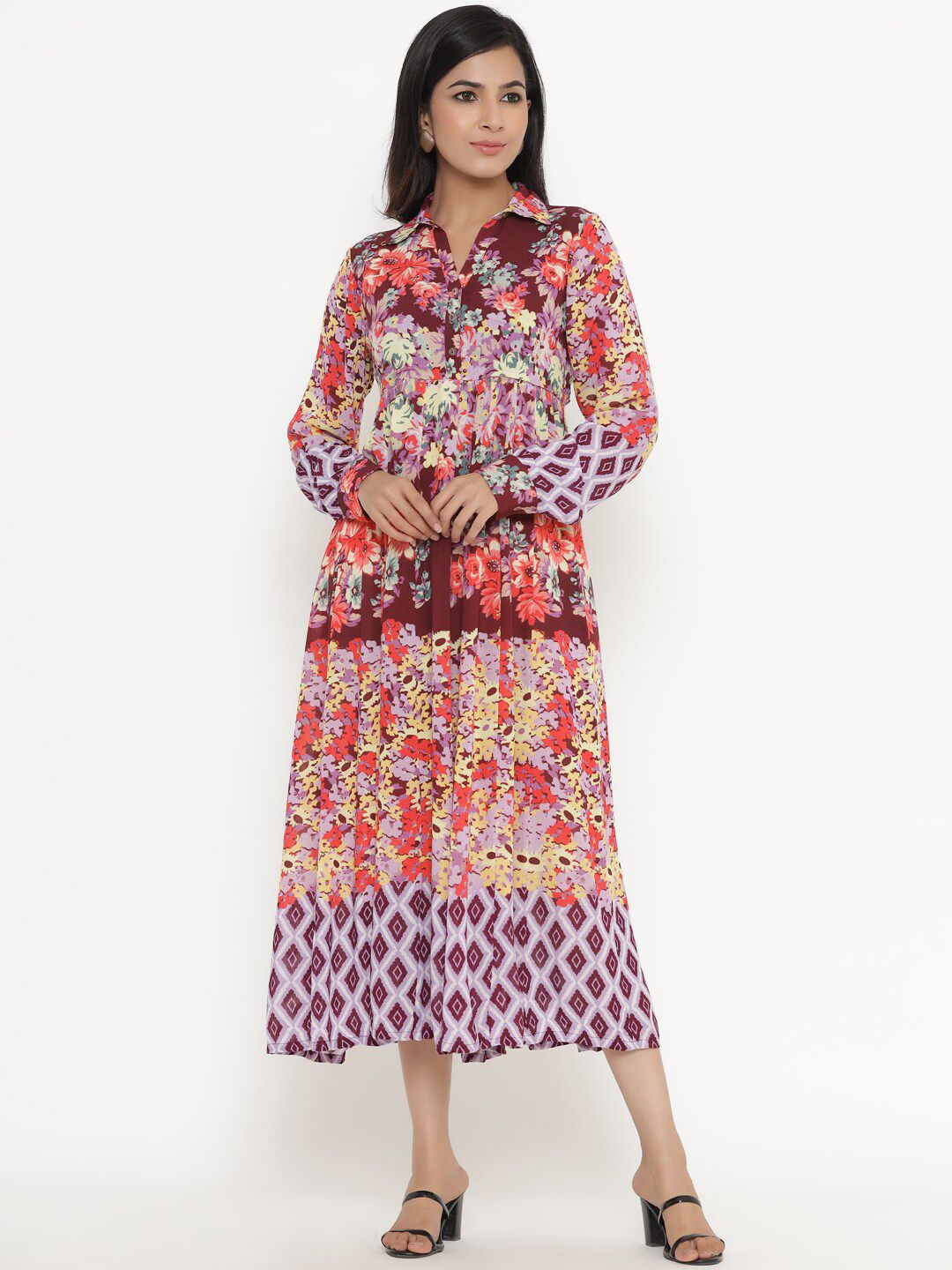 Readiprint Fashions Multicoloured Floral Printed Crepe Midi Shirt Dress Price in India