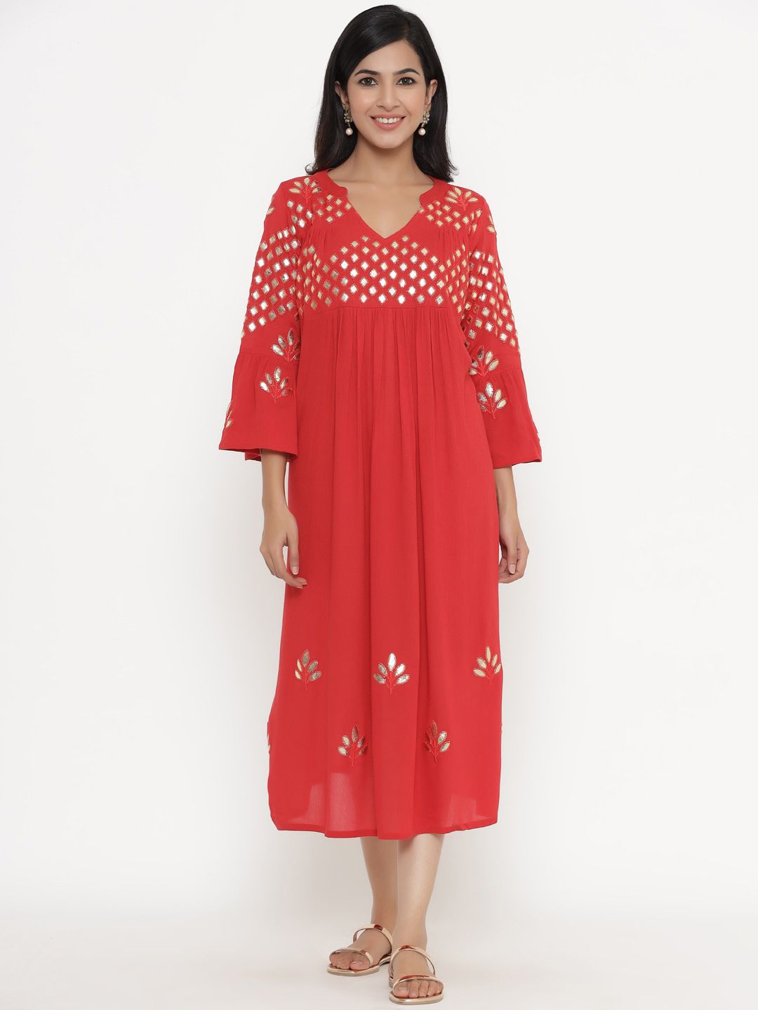 Readiprint Fashions Red & Silver-Toned Embellished Embroidered A-Line Midi Dress Price in India