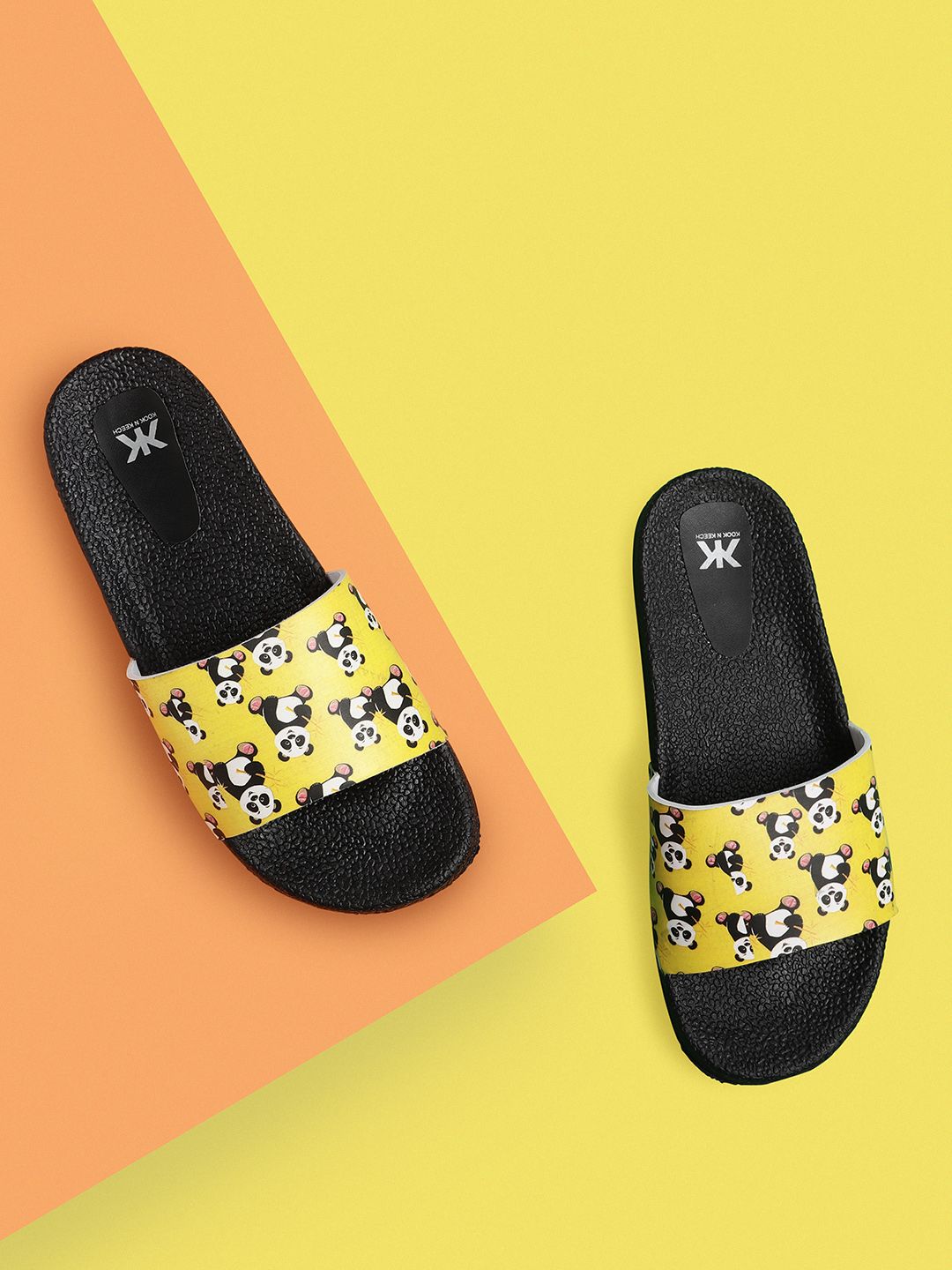 Kook N Keech Women Yellow & Black Panda Print Sliders Price in India