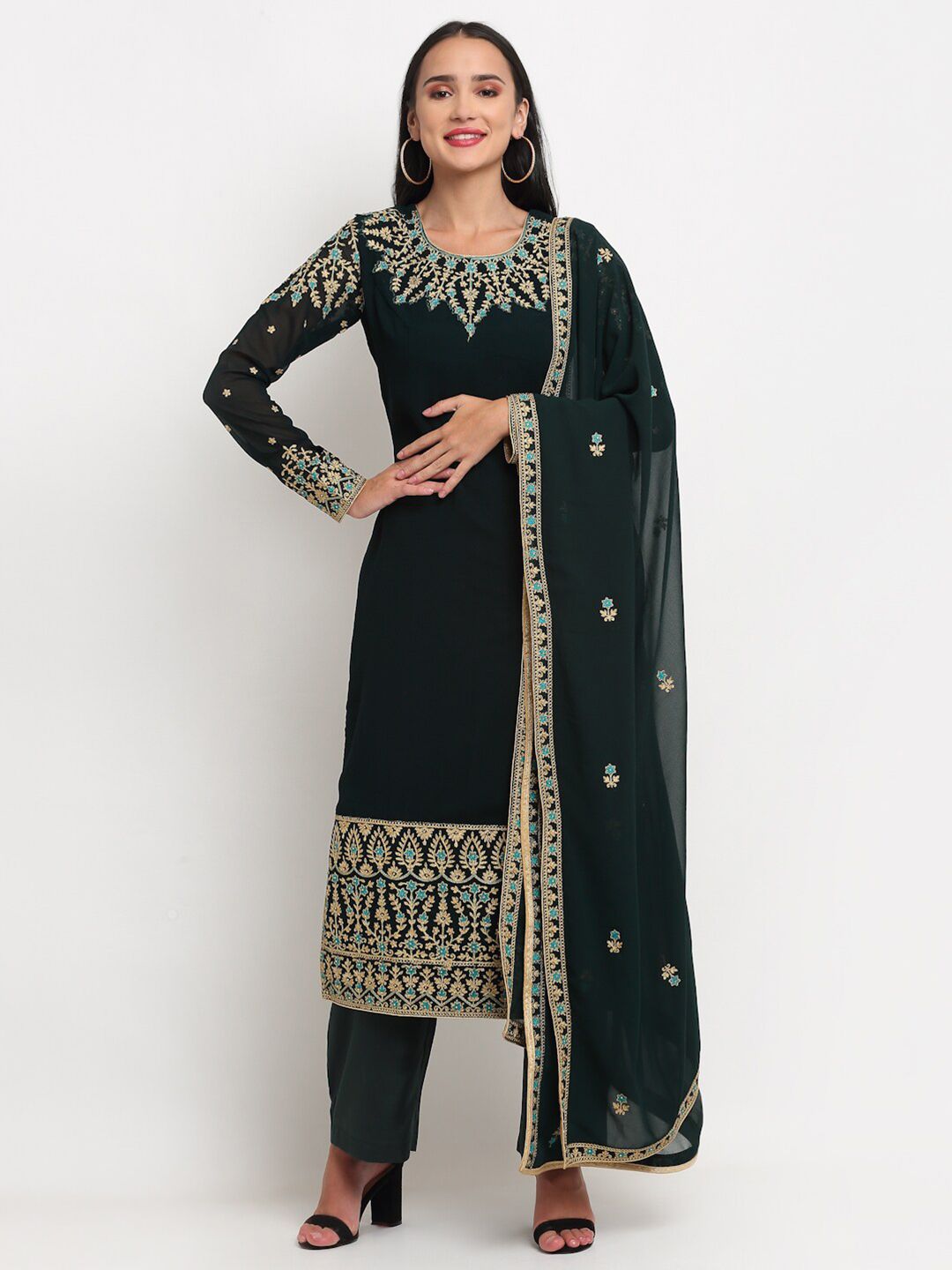 Stylee LIFESTYLE Women Green & Gold-Toned Embroidered Unstitched Dress Material Price in India