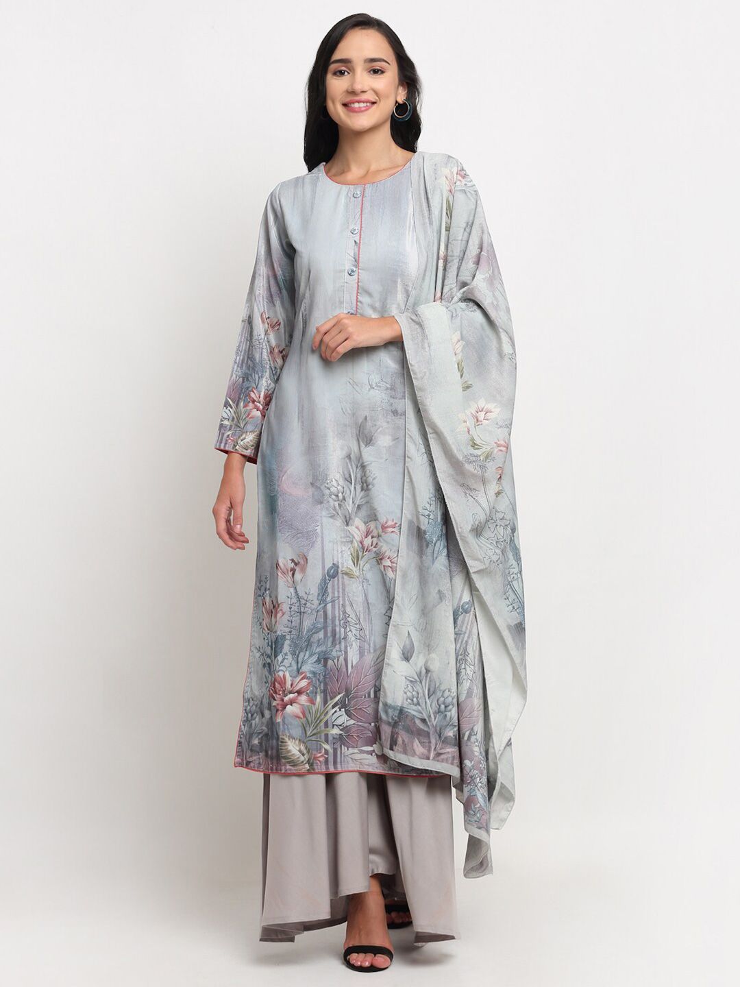 Stylee LIFESTYLE Women Grey & Pink Printed Velvet Unstitched Dress Material Price in India