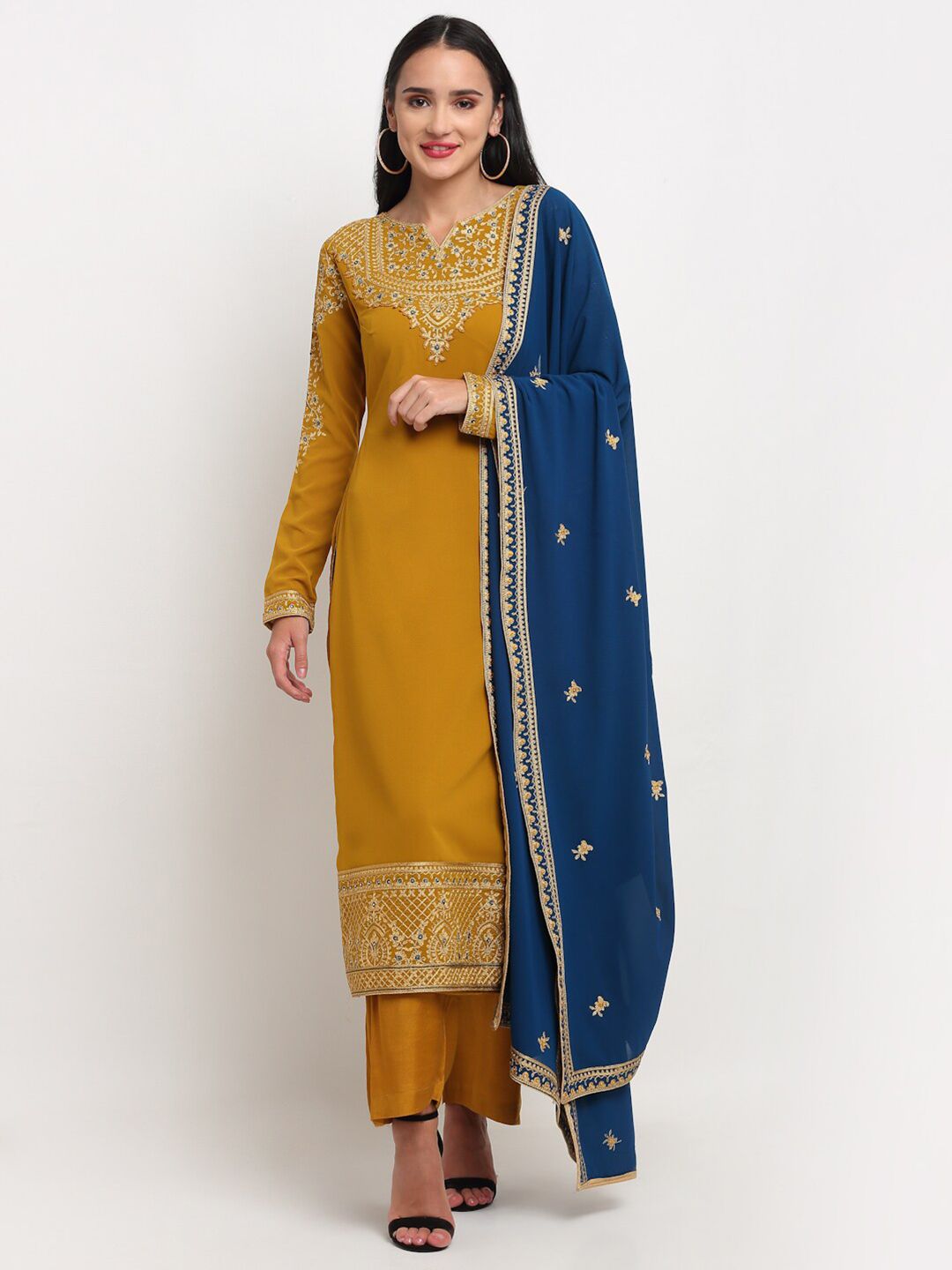 Stylee LIFESTYLE Women Yellow & Blue Embroidered Unstitched Dress Material Price in India
