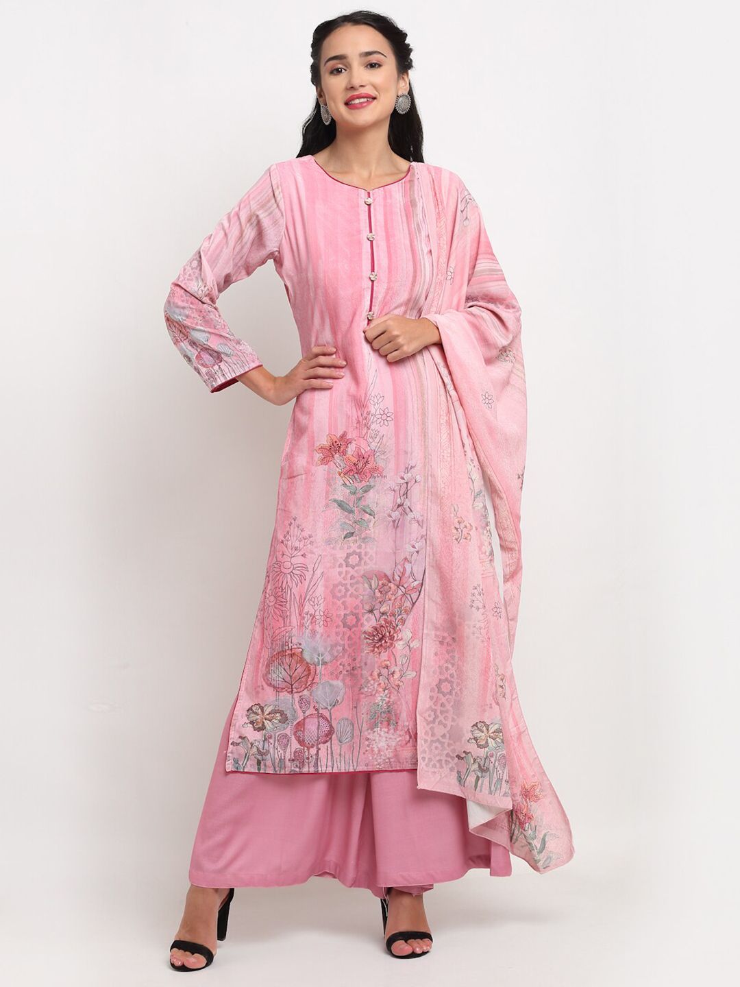 Stylee LIFESTYLE Women Pink & Grey Printed Velvet Unstitched Dress Material Price in India