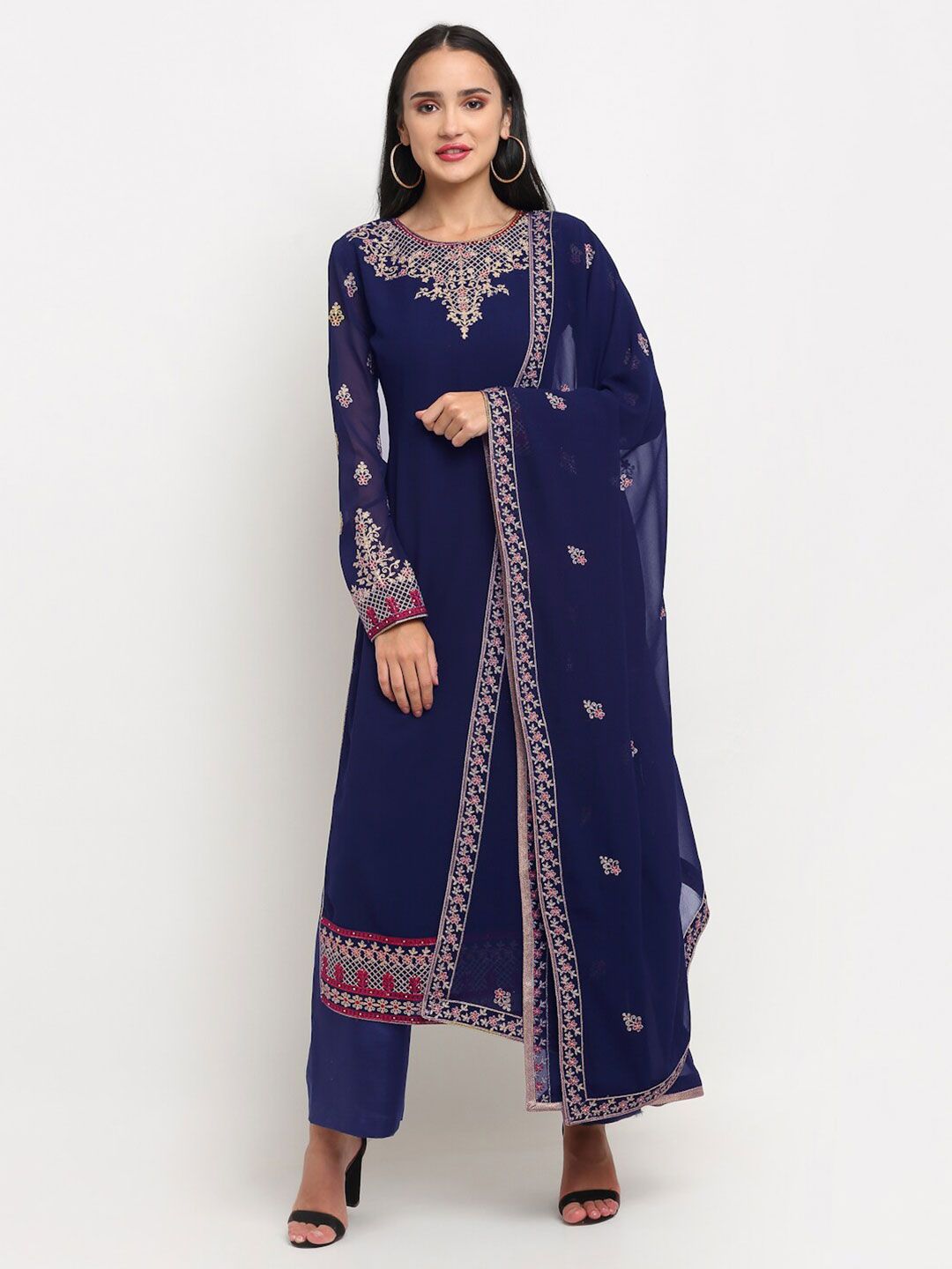 Stylee LIFESTYLE Women Navy Blue & Red Embroidered Unstitched Dress Material Price in India