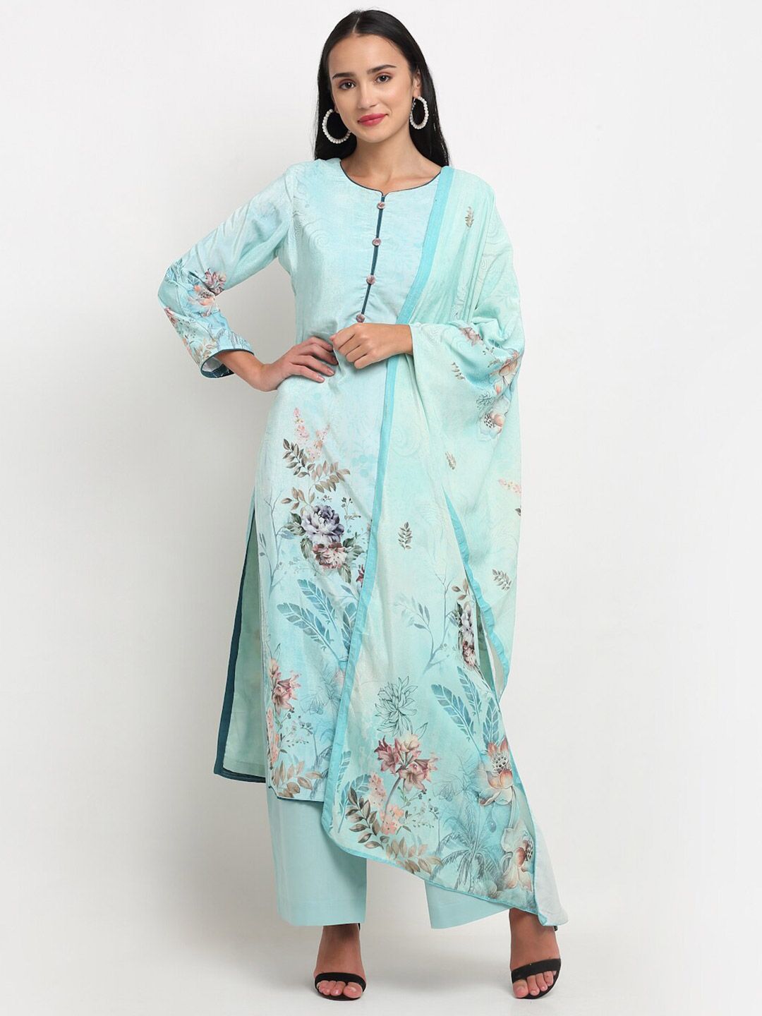 Stylee LIFESTYLE Women Turquoise Blue & Pink Printed Velvet Unstitched Dress Material Price in India