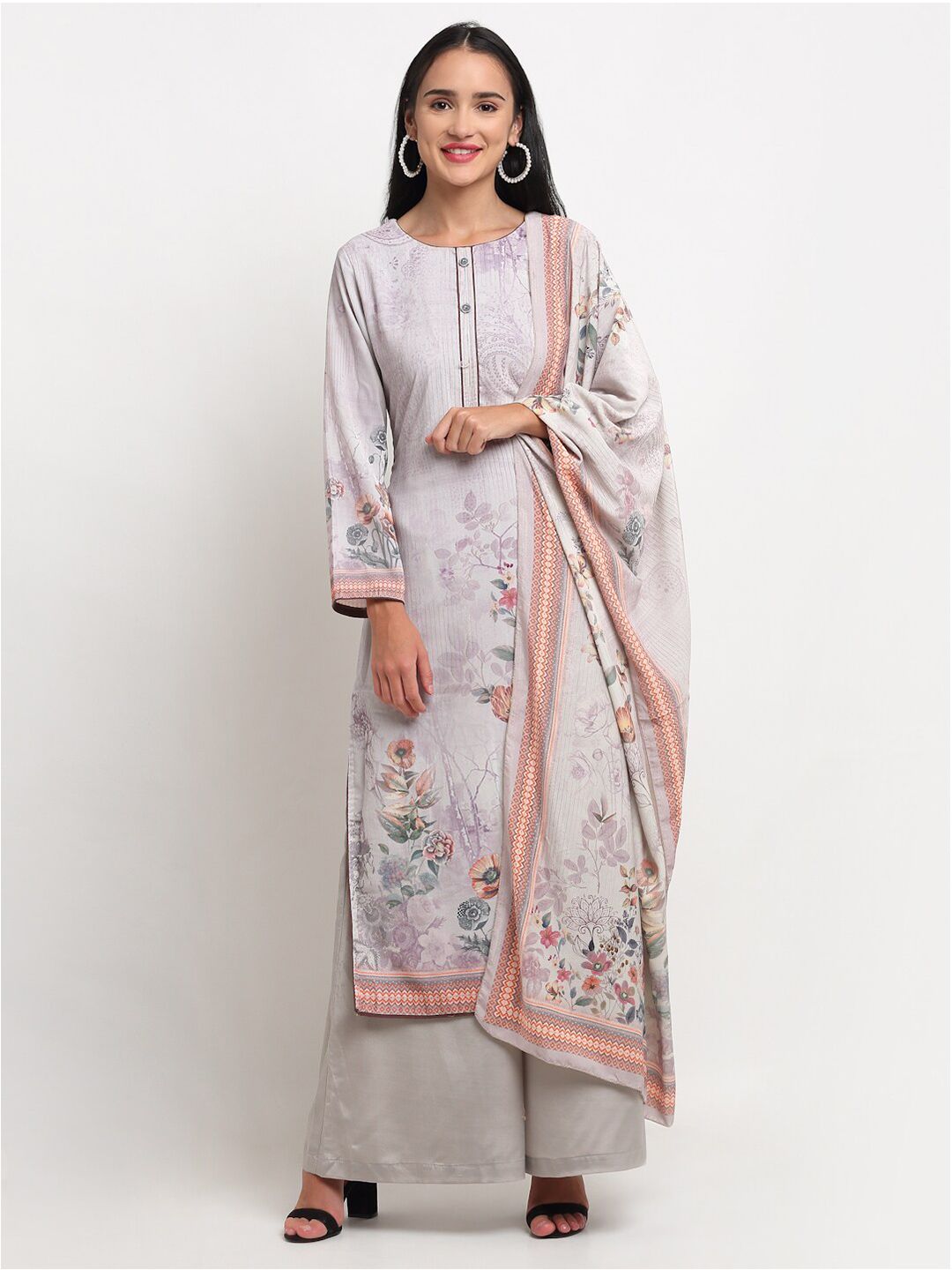 Stylee LIFESTYLE Grey & Pink Printed Velvet Unstitched Dress Material Price in India