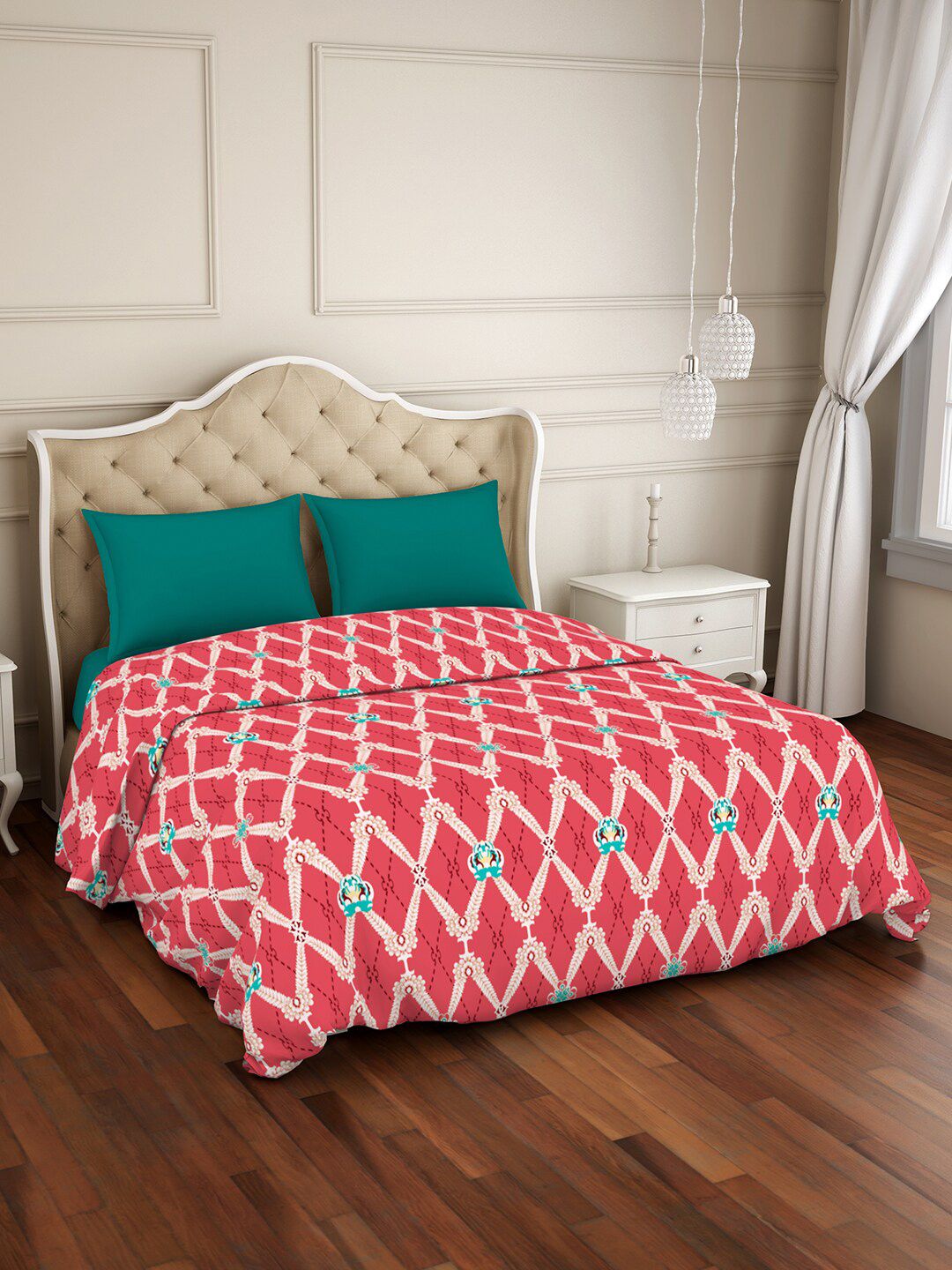 Welspun Peach-Coloured & White Ethnic Motifs Microfiber AC Room 120 GSM Double Bed Quilt Price in India