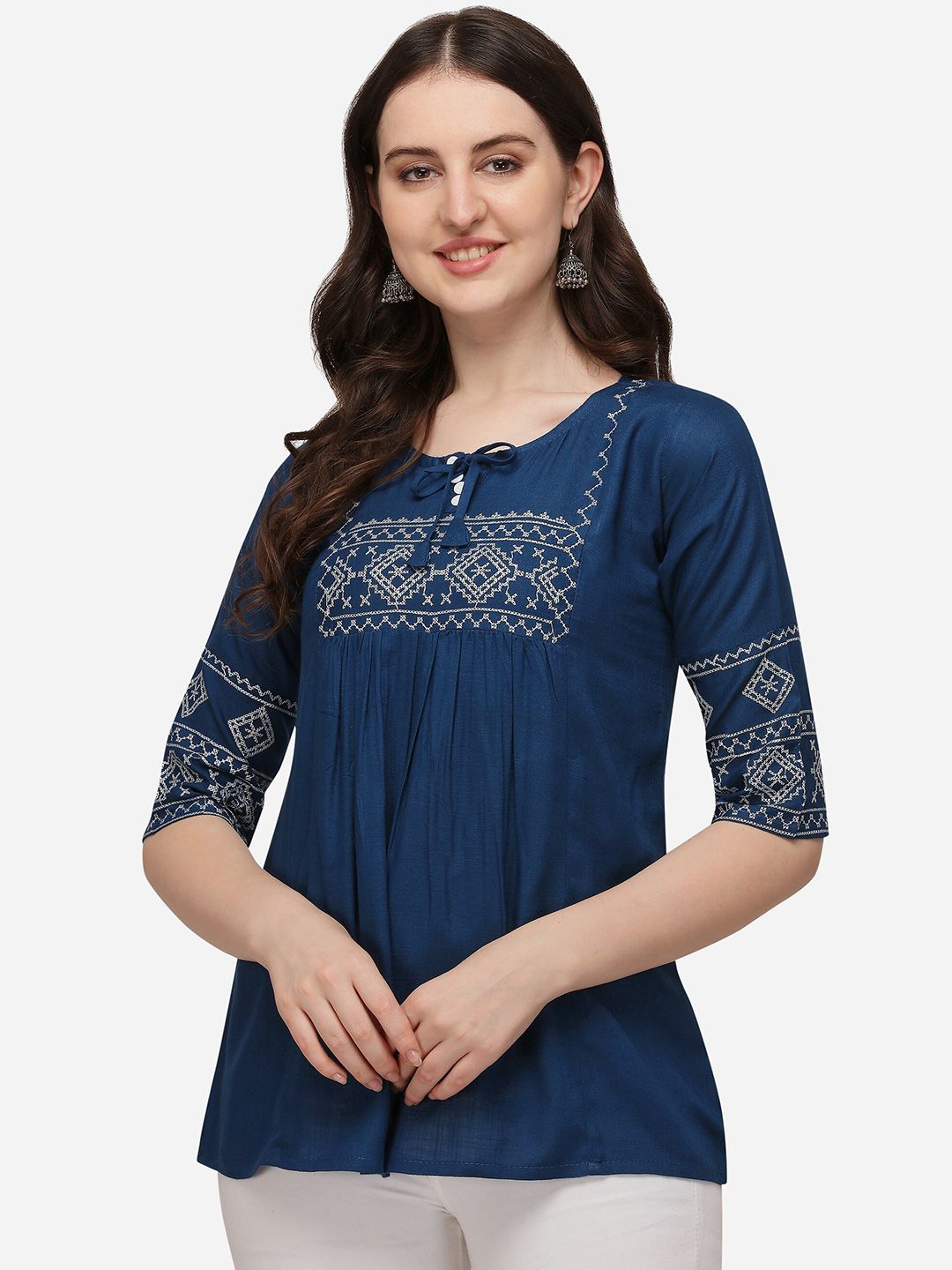 RAJGRANTH Blue & White Floral Embroidered Kurti Price in India