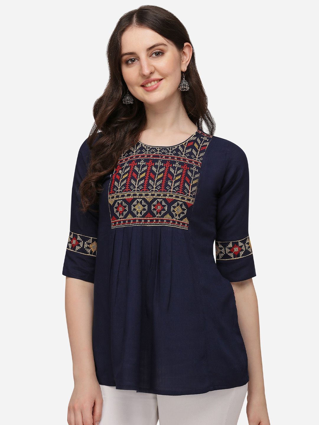 RAJGRANTH Navy Blue & Red Floral Embroidered Kurti Price in India