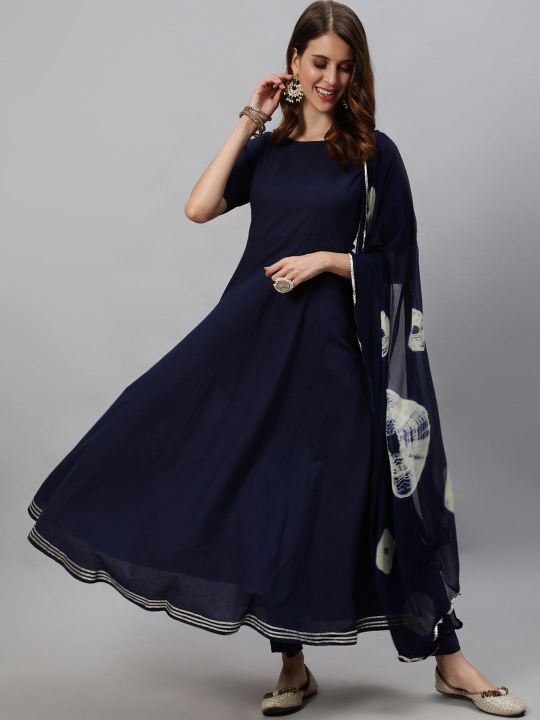 Anubhutee Women Navy Blue Ethnic Motifs Panelled Kurta with Trousers & Dupatta Price in India