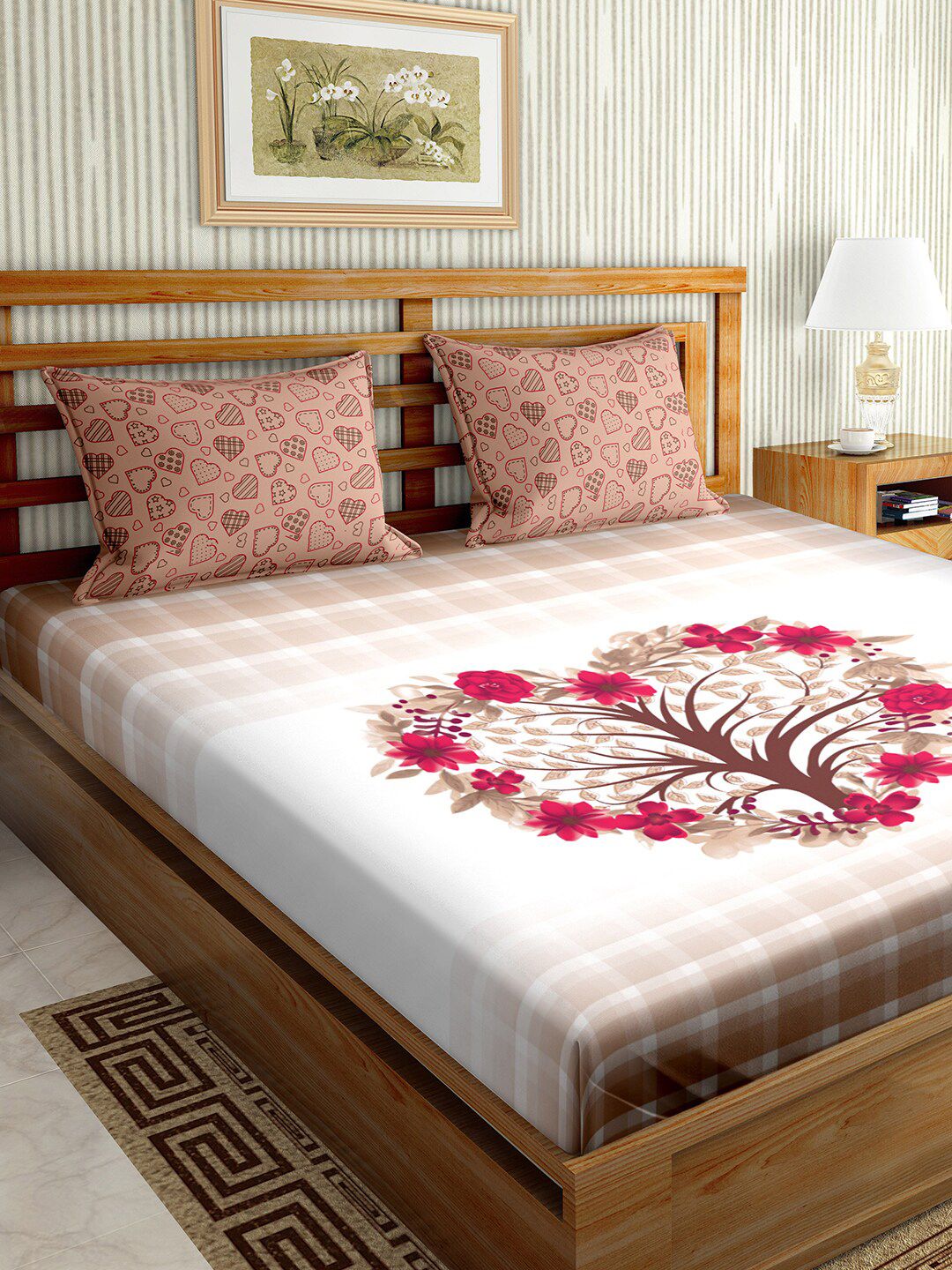 BELLA CASA Peach-Coloured & White Graphic 150 TC Cotton King Bedsheet with 2 Pillow Covers Price in India