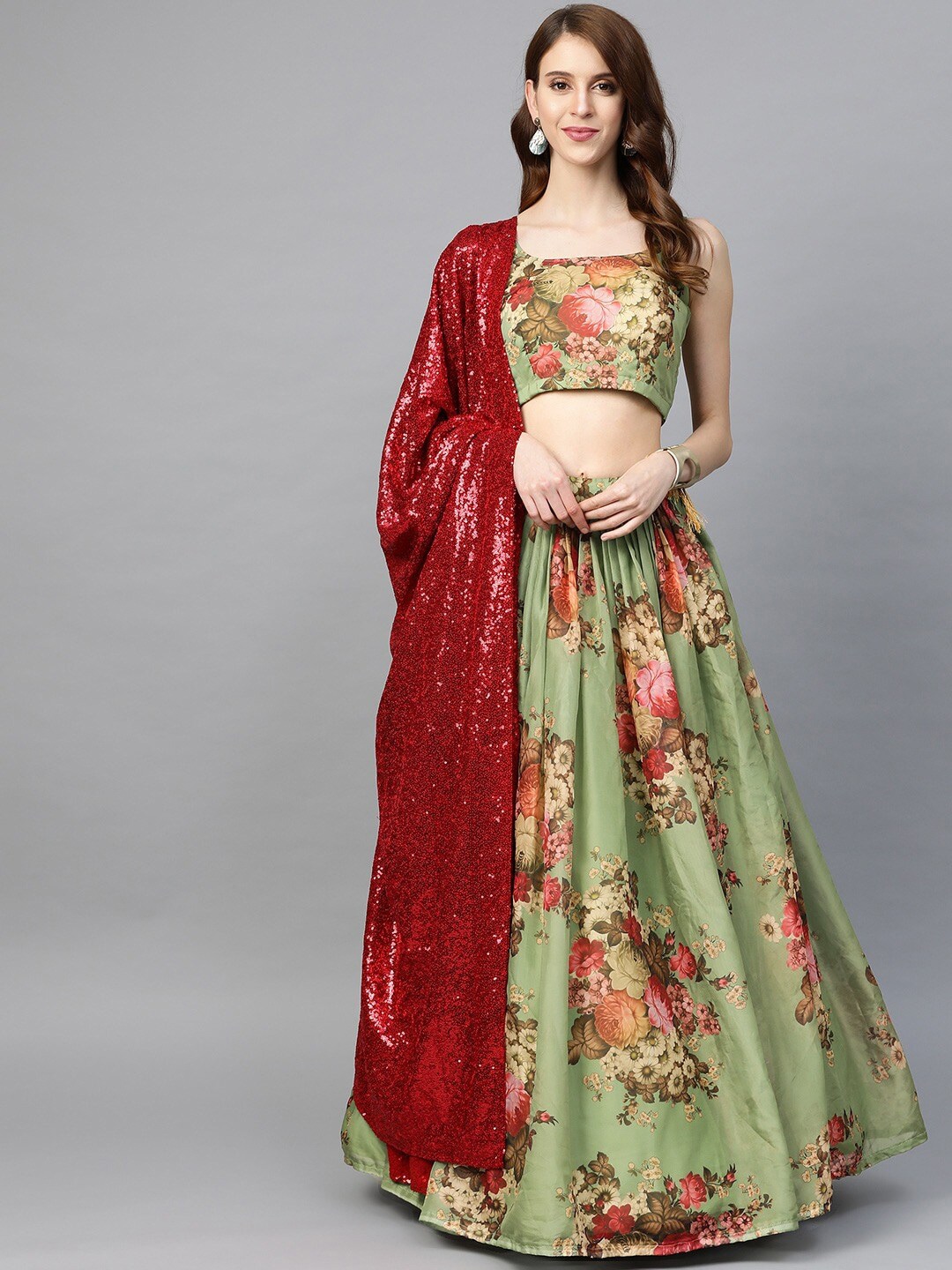 SHOPGARB Women Green & Maroon Printed Semi-Stitched Lehenga & Unstitched Blouse& Dupatta Price in India