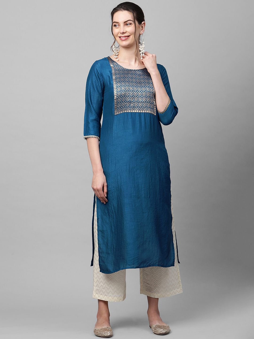 Indo Era Women Blue & Gold-Toned Ethnic Motifs Yoke Design Flared Sleeves Gotta Patti Kurta Price in India