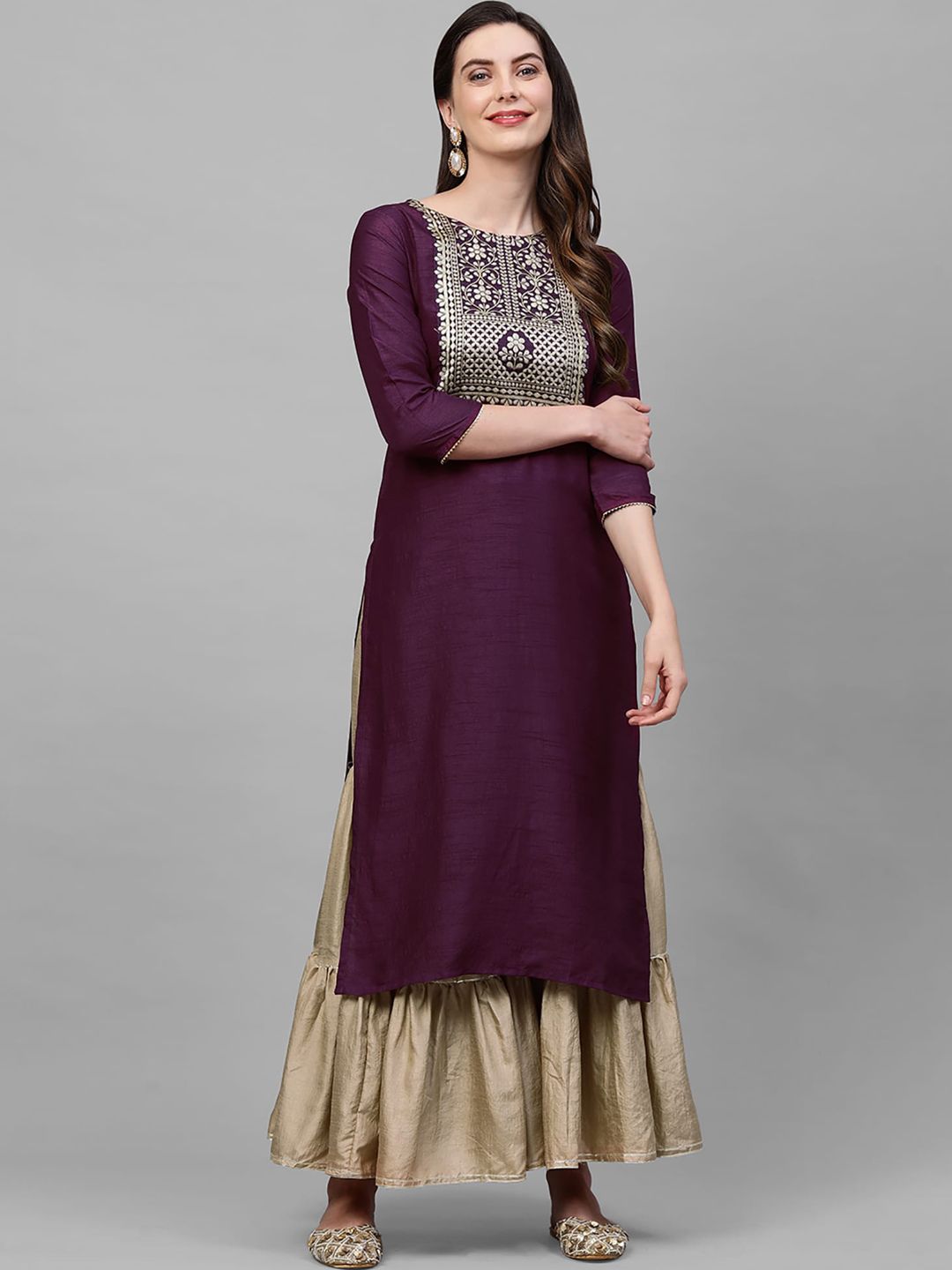 Indo Era Women Purple & Silver-Toned Ethnic Motifs Yoke Design Kurta