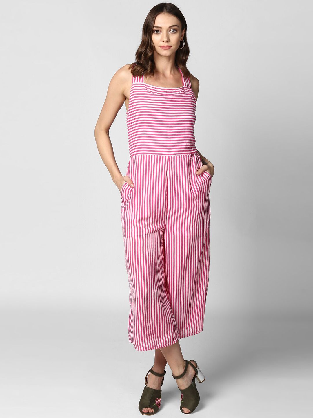 StyleStone Pink & White Striped Basic Jumpsuit Price in India