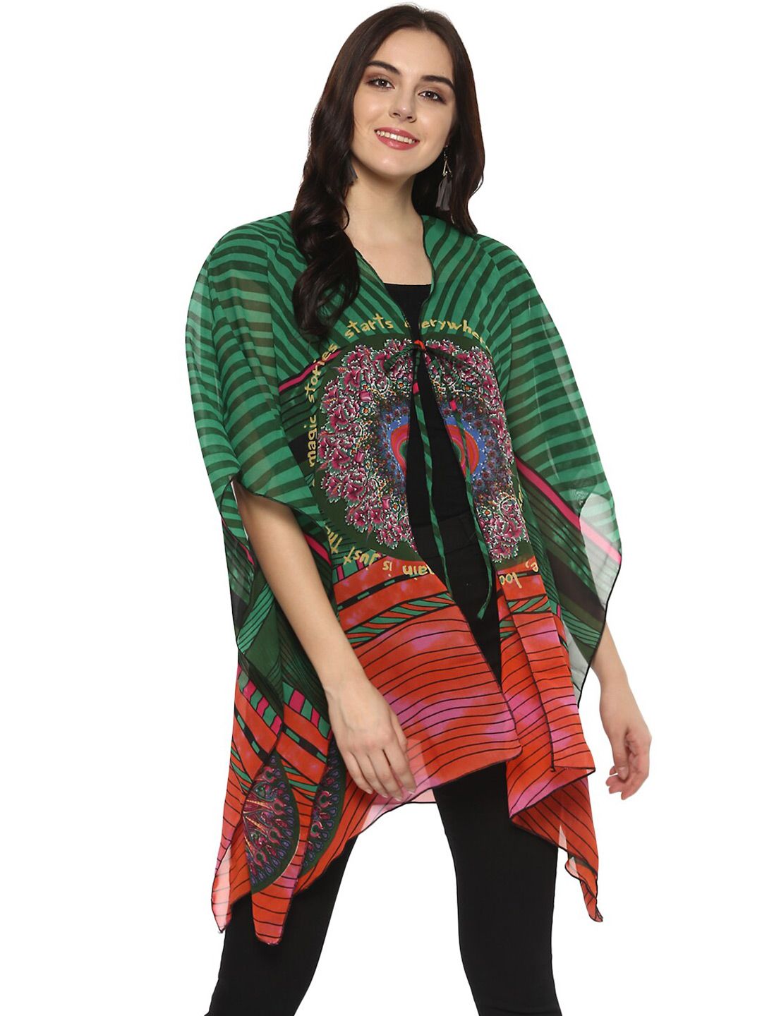 StyleStone Women Green & Red Abstract Printed Longline Tie-Up Shrug Price in India