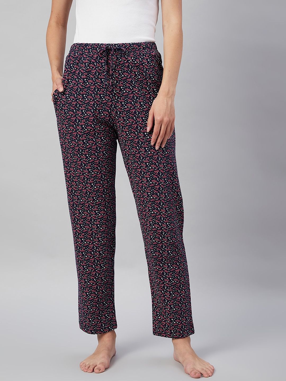 C9 AIRWEAR Women Navy Blue & Pink Floral Printed Pure Cotton Lounge Pants Price in India