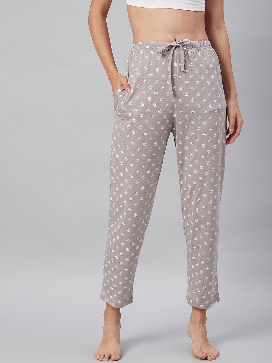 C9 AIRWEAR Women Grey & White Printed Regular-Fit Pure Cotton Lounge Pants Price in India