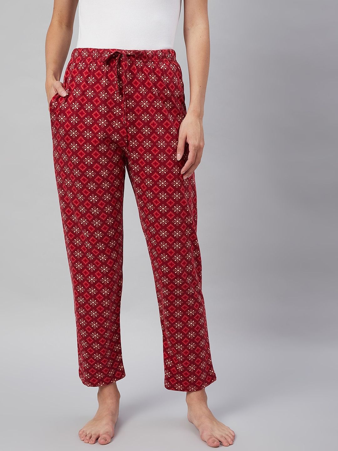 C9 AIRWEAR Women Maroon & White Printed Pure Cotton Lounge Pants Price in India